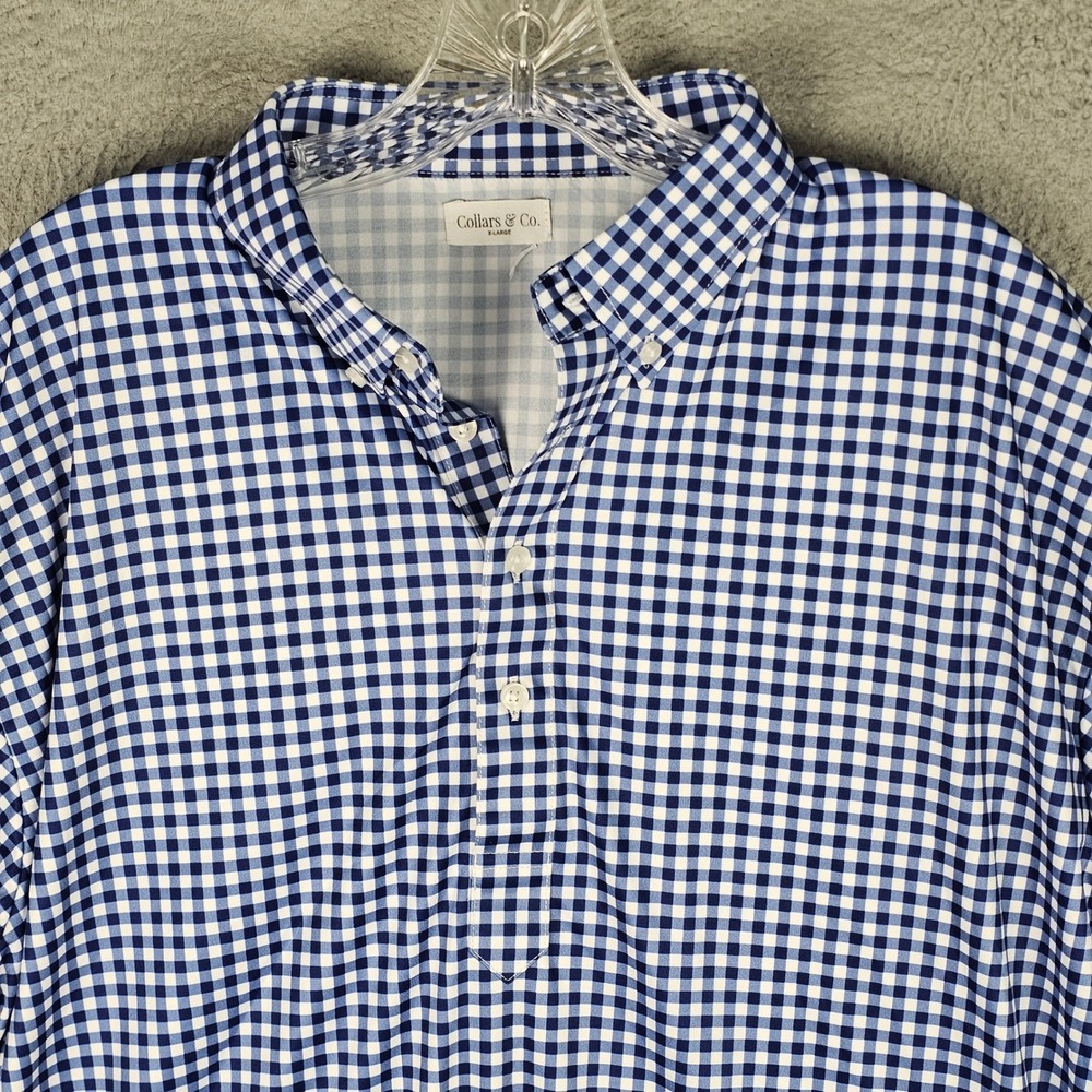 Collars & Co. Polo Mens XL Blue Dress Collar Polo Gingham Check Short Sleeve